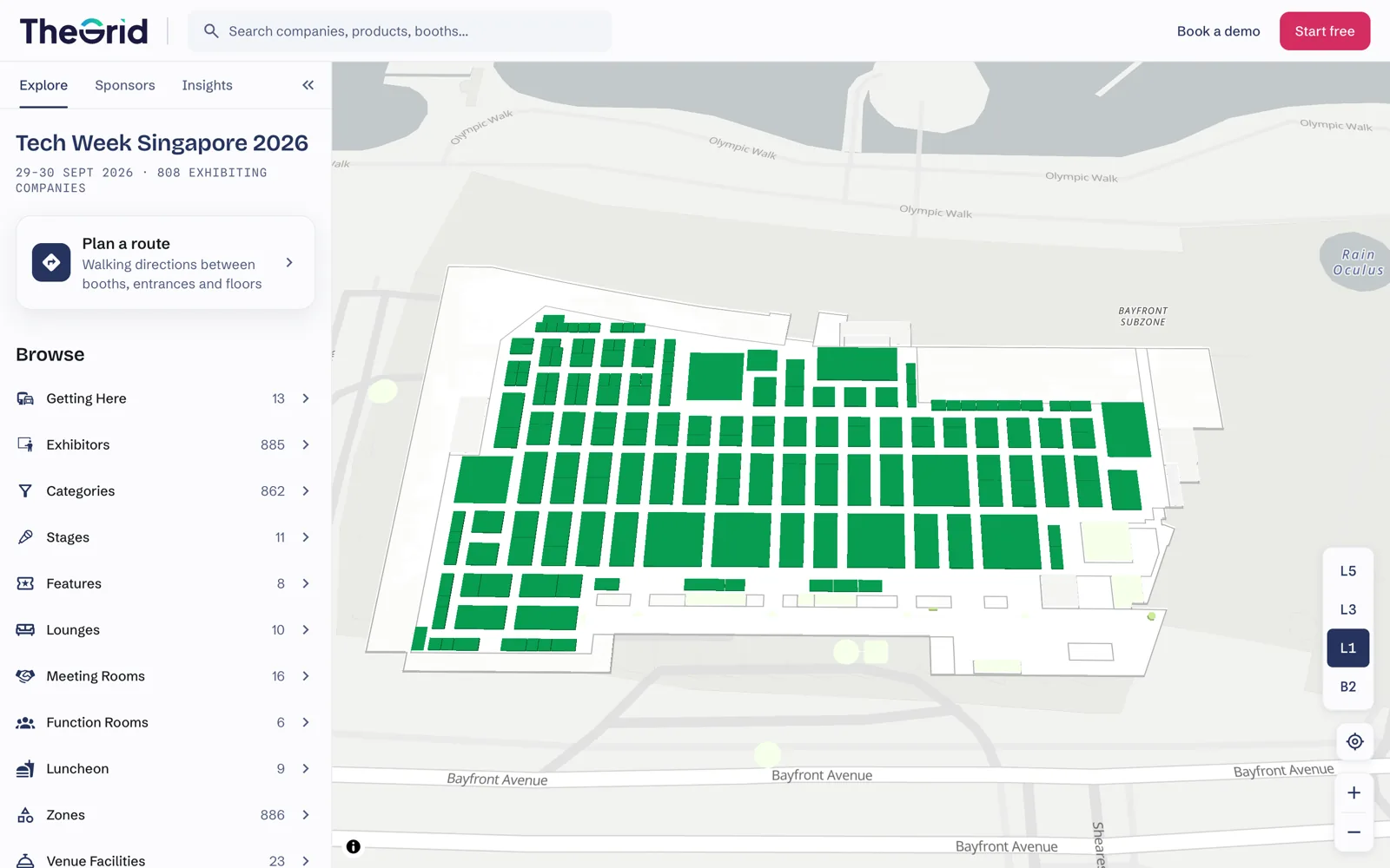 The event map's home view: the Tech Week Singapore 2026 header, a plan-a-route shortcut and browse by exhibitors, categories, stages, lounges and meeting rooms, beside the exhibition hall floor plan at Marina Bay Sands.