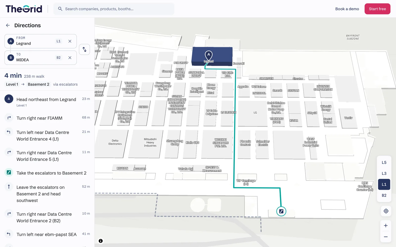 Walking directions on the event map from Legrand on Level 1 to MIDEA in Basement 2: a 4-minute, 238 m route via escalators, drawn on the floor plan with turn-by-turn steps.