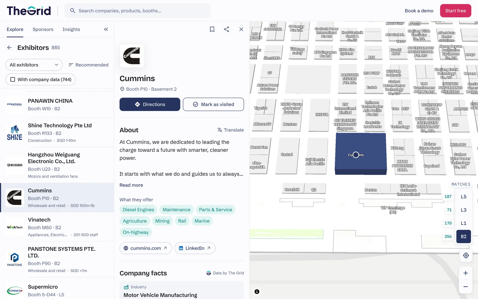 The Tech Week Singapore 2026 event map: the exhibitor list with Cummins selected, its booth highlighted on the Basement 2 floor plan, and its profile with a description, what it offers, links to its website and company pages, and company facts from The Grid.