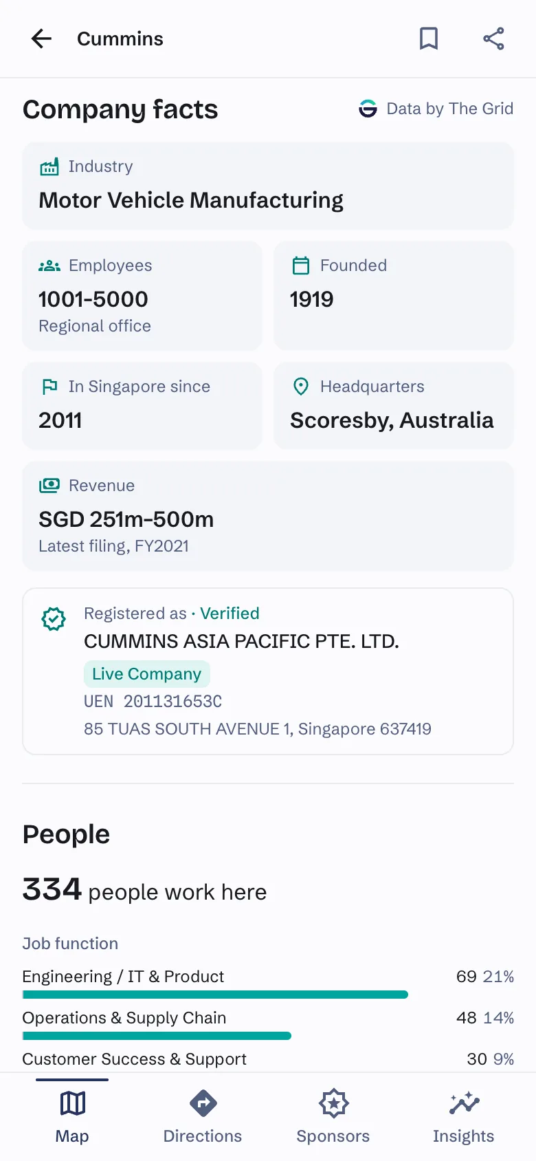 The same exhibitor on a phone: company facts from The Grid (industry, employees, year founded, in Singapore since, headquarters, revenue band), the verified ACRA record with entity status, UEN and registered address, and a people summary by job function.