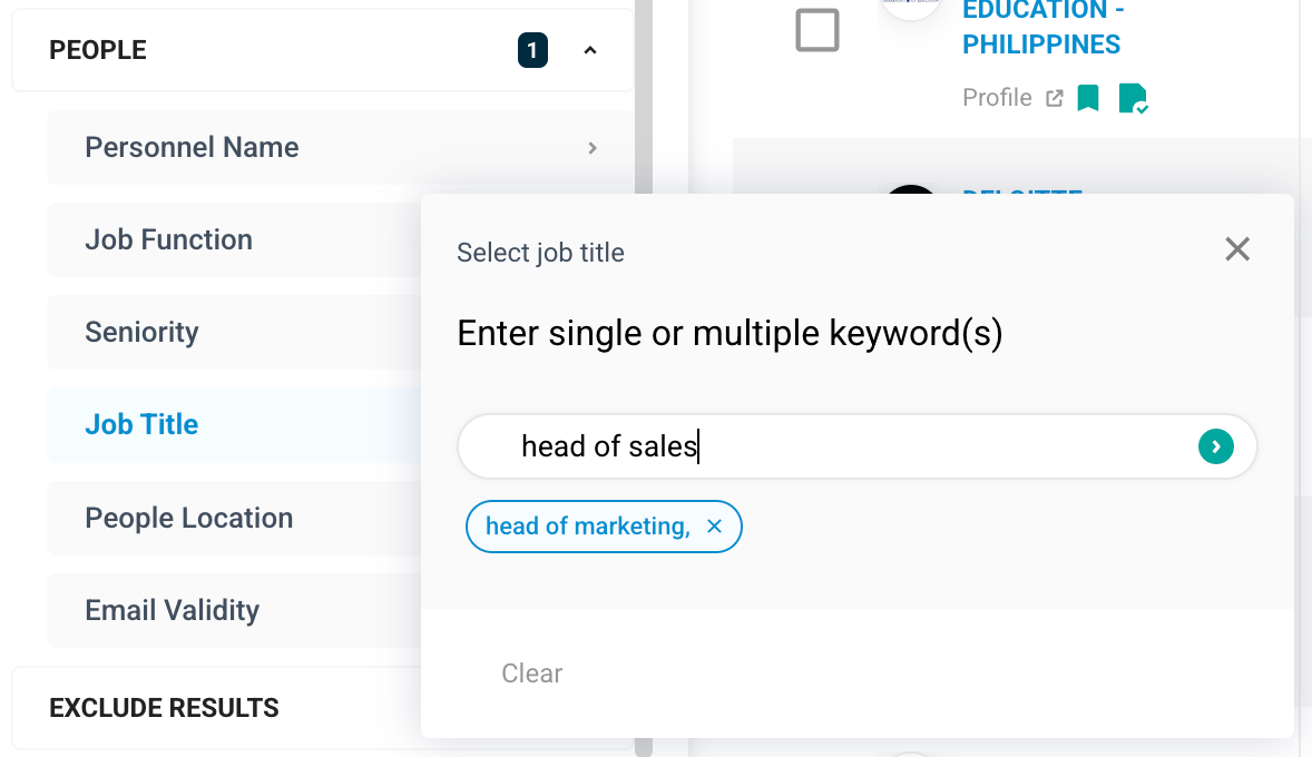 If you already have a very specific set of job titles in mind, you can directly key them into the Job Title filter.