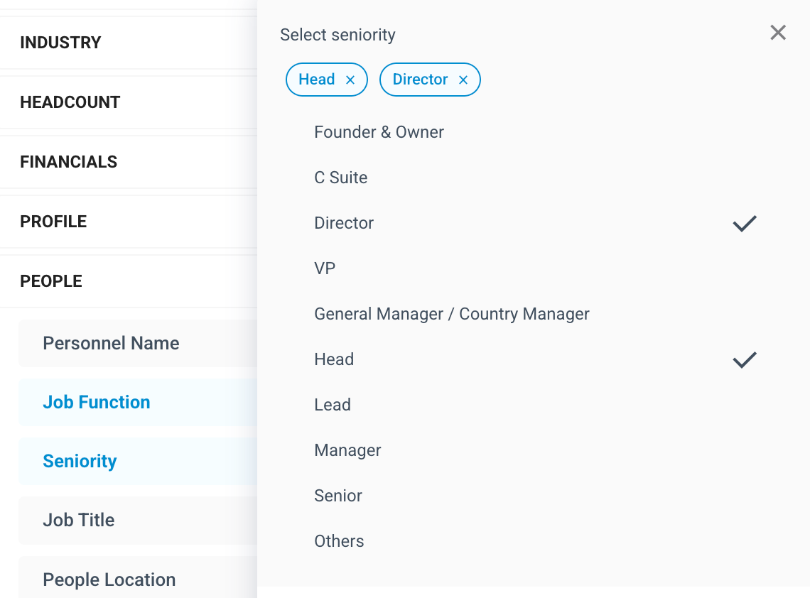 Step 2: Select the Seniority filter to specify the ranking or seniority level of professionals you want to target.