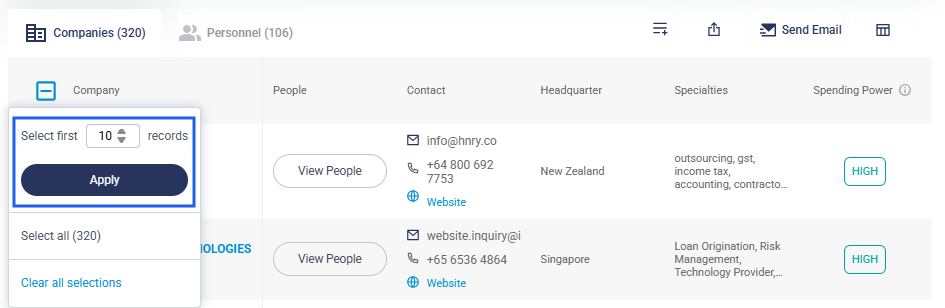 Step 1: After applying filters, click on the checkbox on the left side of the results table then enter the desired amount of records you wish to shortlist which is based on a “firs