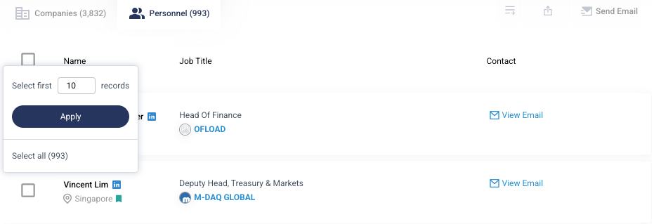 Step 1: After applying filters, click on the checkbox field located at the top corner of the results table.