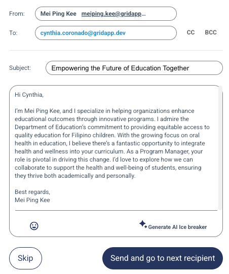 Tip: To quickly compose a cold outreach email, click on Generate AI Ice Breaker and it will instantly create the subject and email content for you.