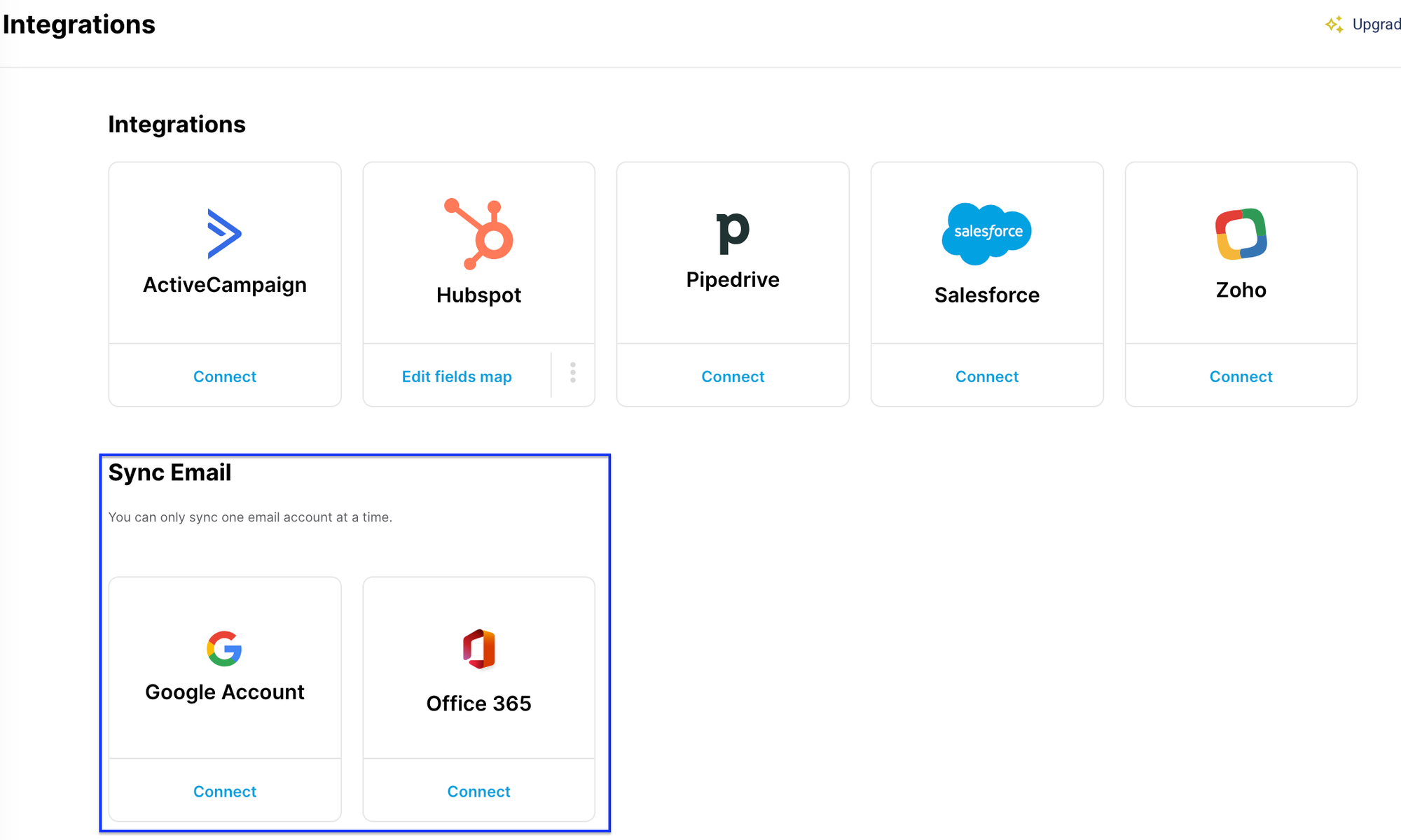 Step 2: On the integration page, there are two email services available for connection: Gmail and Outlook 365.
