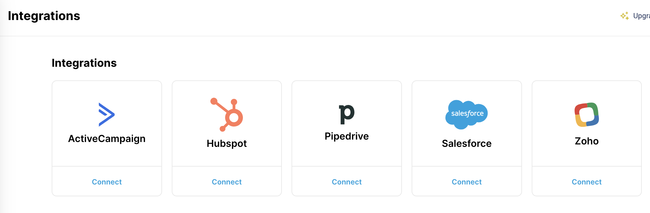 Step 2: On the Integration page, you will see a list of selected CRMs.