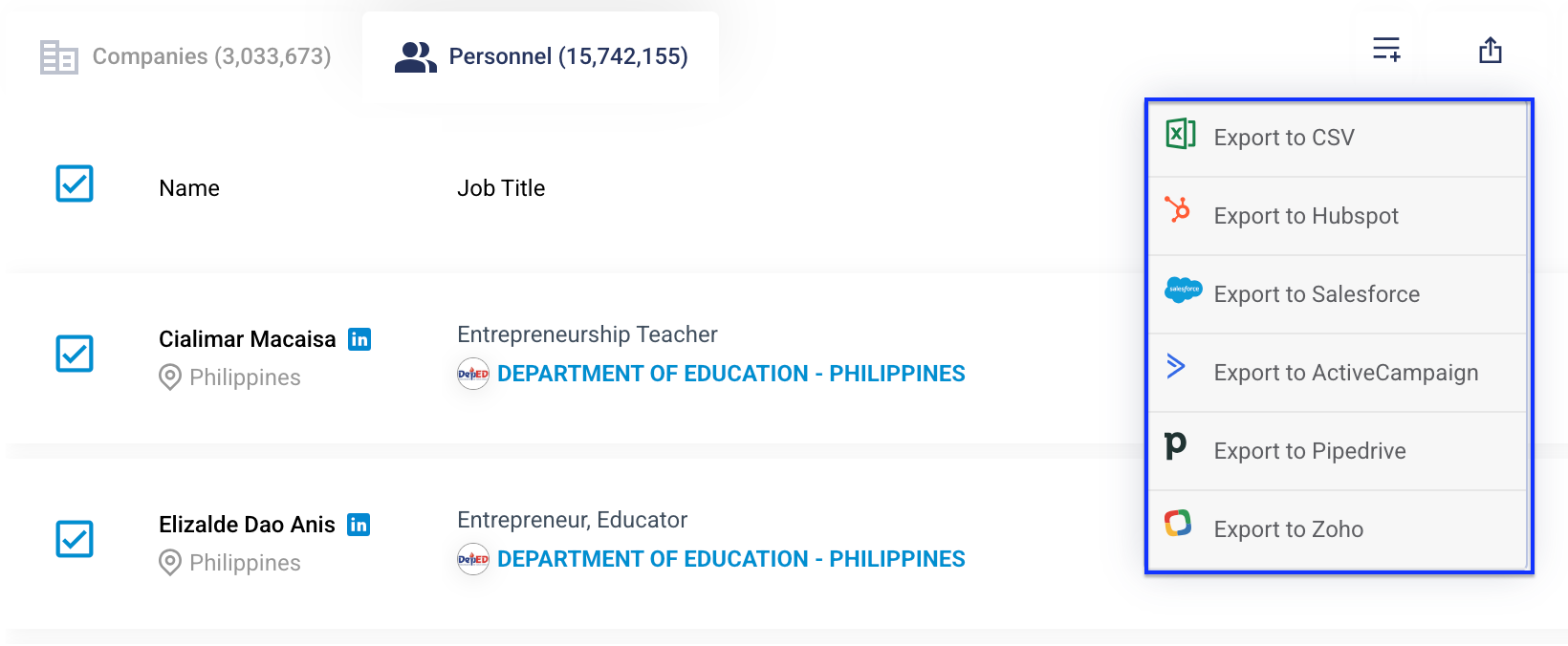 Step 2: Click on the Export icon at the top right of the results table and select your preferred CRM to export to.