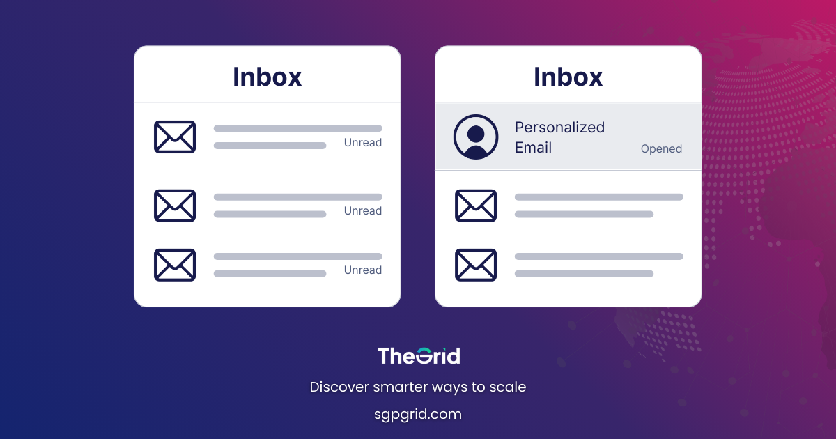 Illustration of two inboxes side by side: one filled with generic unread emails, and one with personalized, relevant messages highlighted as opened.