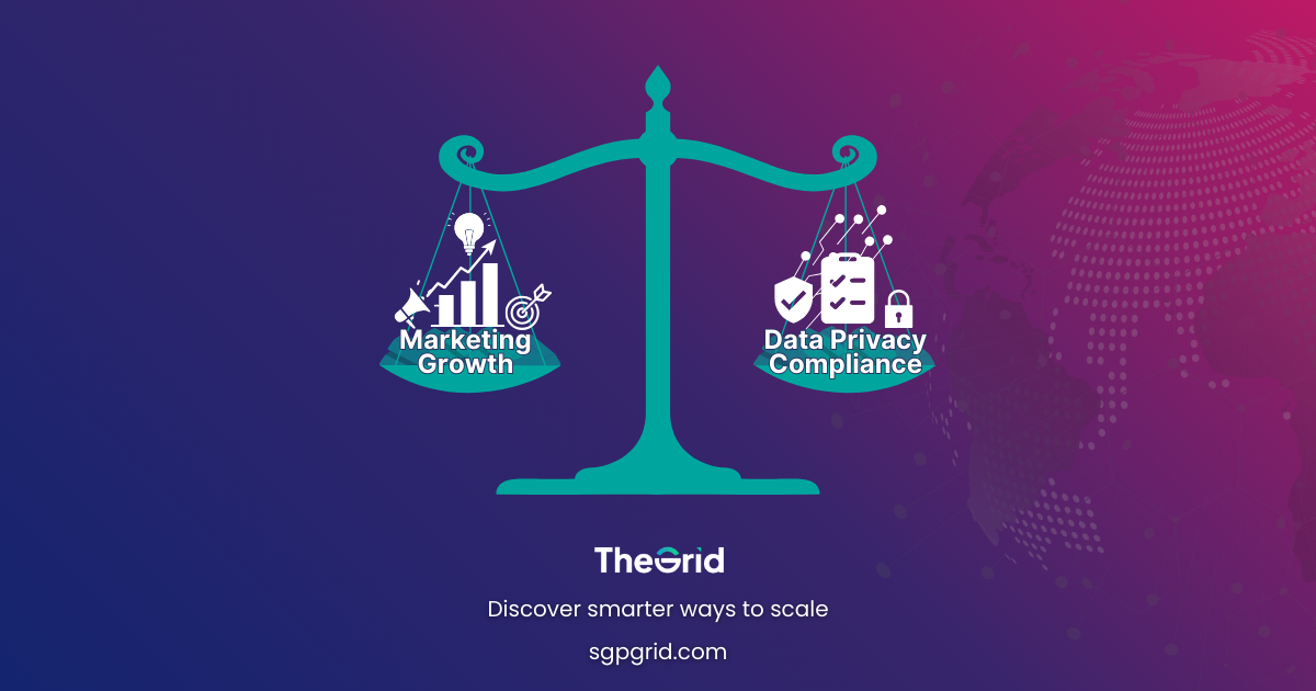 Illustration of a balance scale with “Marketing Growth” on one side and “Data Privacy Compliance” on the other, showing balance