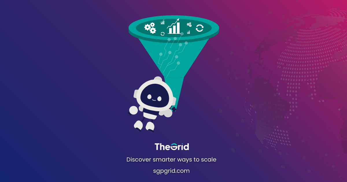 Illustration of a sales funnel enhanced with AI icons like gears, charts, and automation signals.