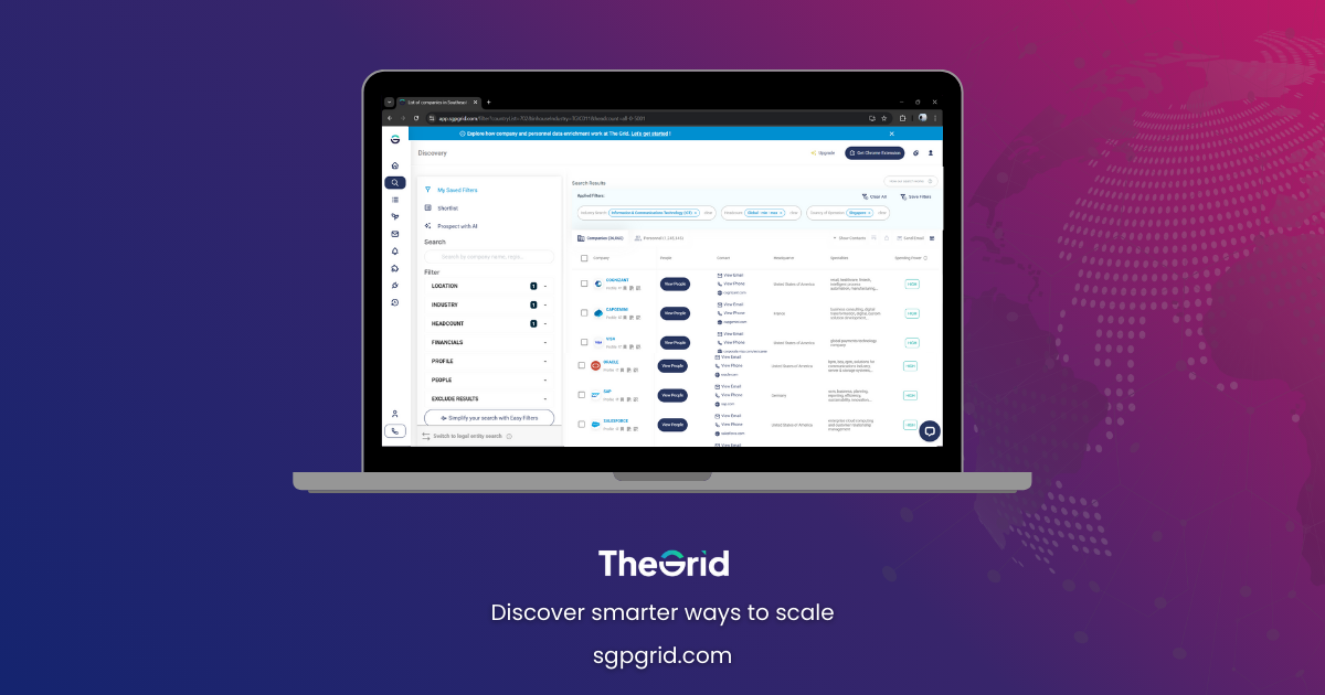 Screenshot mock-up of The Grid interface with filters applied and a company list displayed.