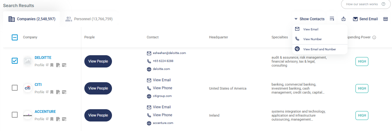 At the top of the table in both the Company and Personnel tabs, you will find a feature called Show Contacts.