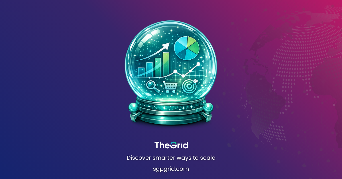 Illustration of a crystal ball with data charts inside, symbolizing predictive insights in marketing.