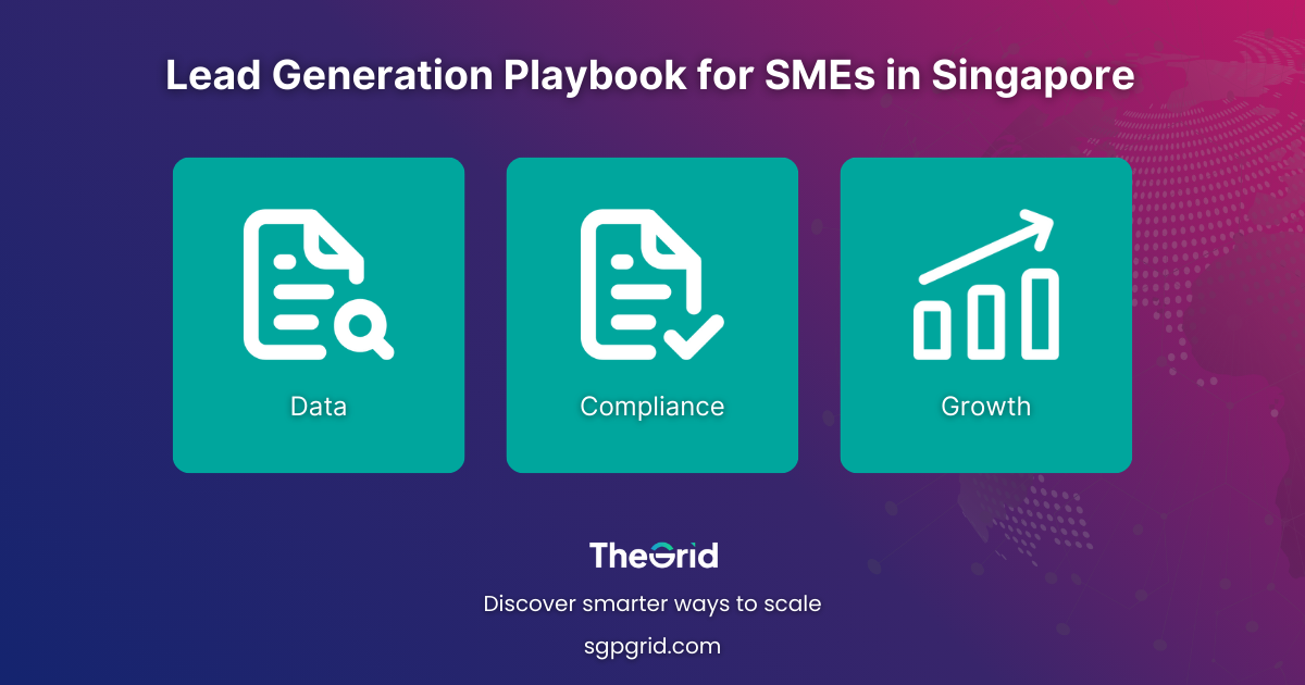Cover-style graphic titled “Lead Generation Playbook for SMEs in Singapore,” with icons for data, compliance, and growth.