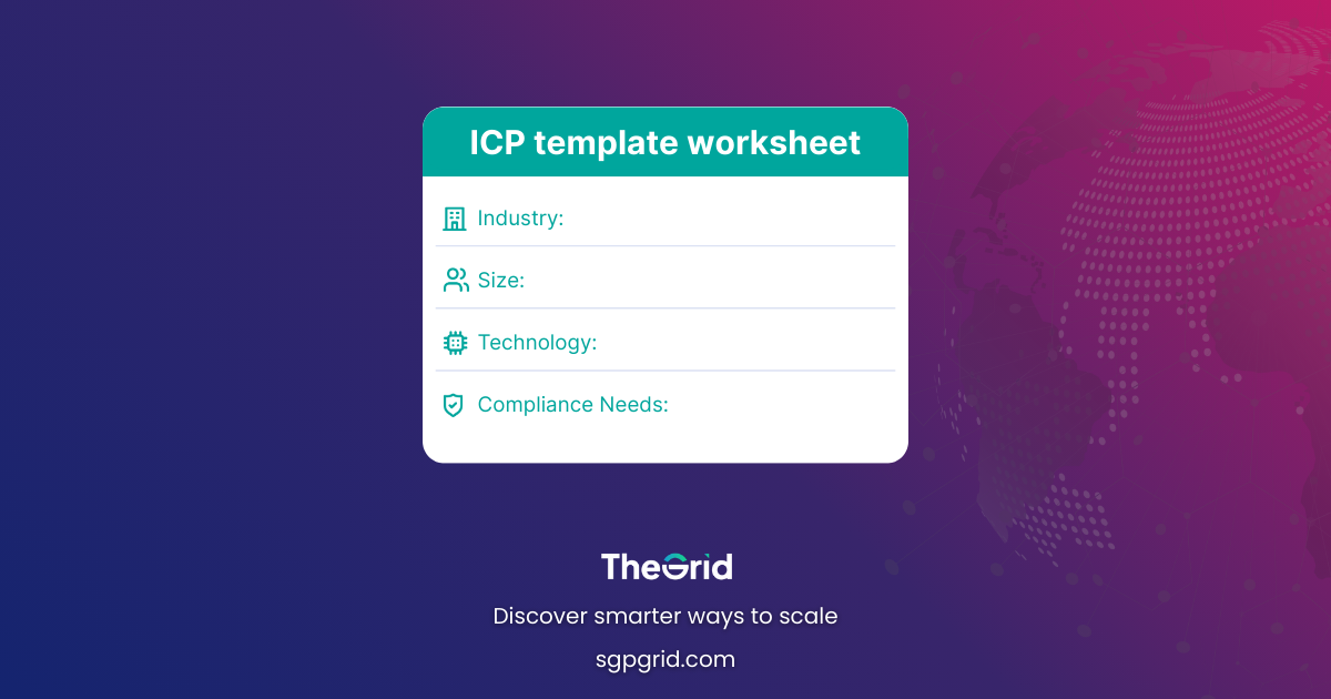 ICP template worksheet with fields like Industry, Size, Technology, Compliance Needs.)