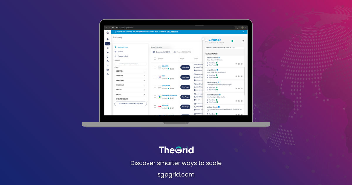 Screenshot mock-up of CRM with enriched company profiles and decision-maker contacts.)