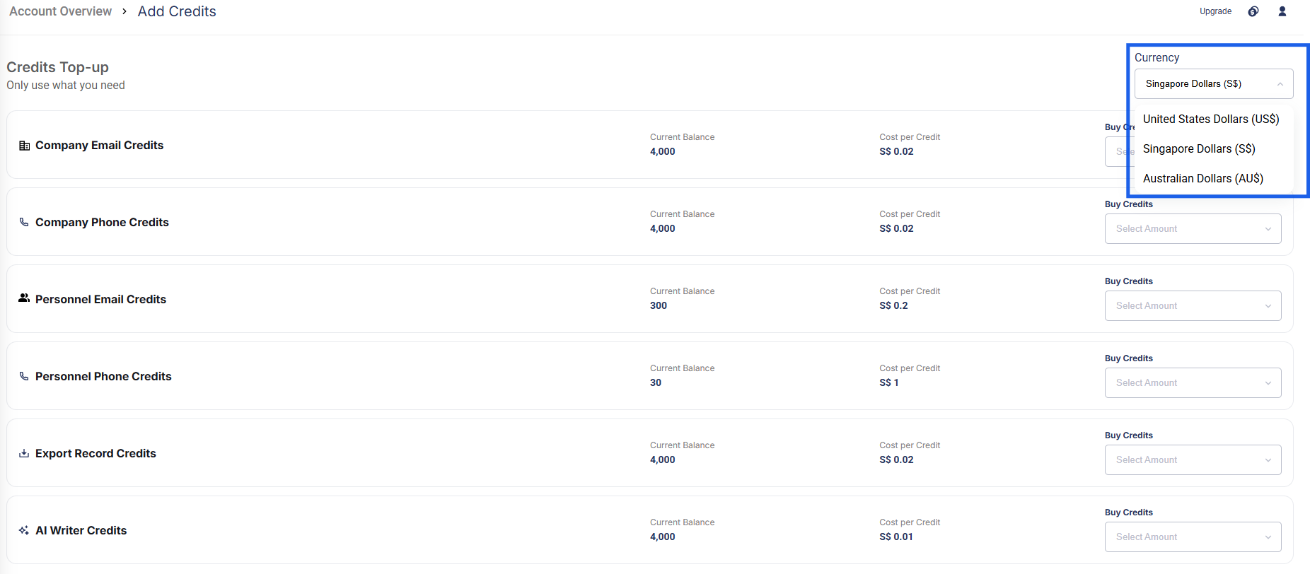 Select the preferred currency for payment of the additional credits.