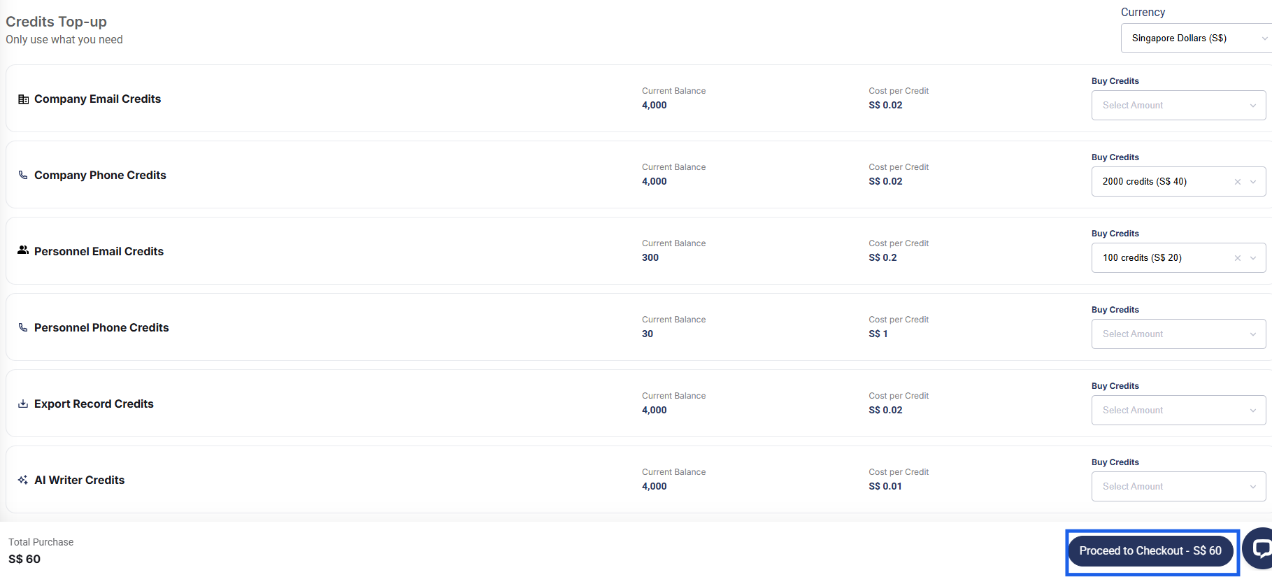 Select the preferred currency for payment of the additional credits.