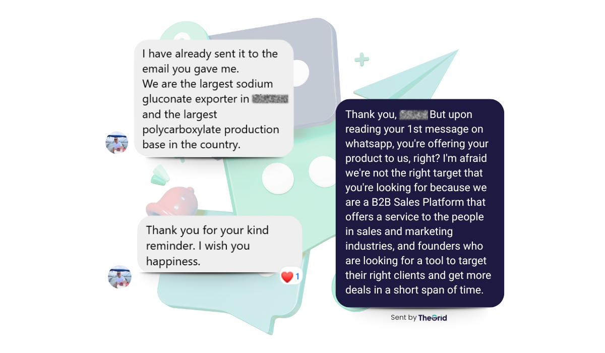 An unsolicited WhatsApp message received by TheGrid , a B2B sales intelligence platform — offering chemical manufacturing products. Sender details are anonymized.